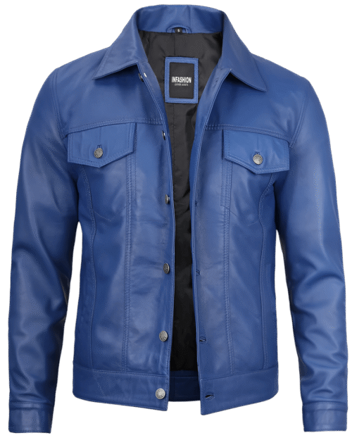 Austin Men Cafe Racer Blue Real Leather Jacket