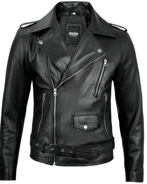 Men's Black Belted Moto Leather Jacket - Biker Style