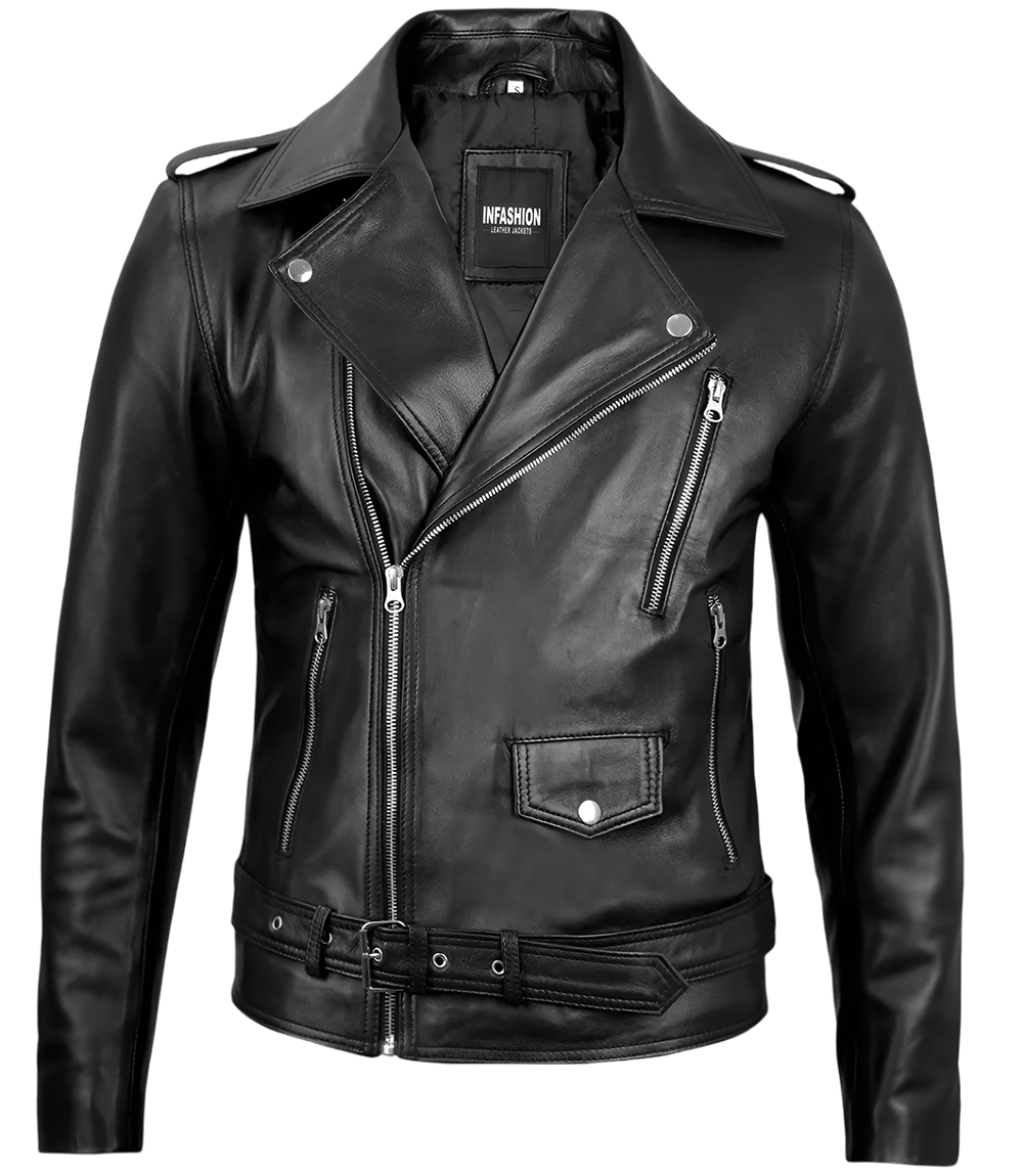 Men's Black Belted Moto Leather Jacket - Biker Style