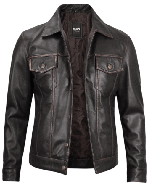 Dark Brown Leather Trucker Jacket Men's