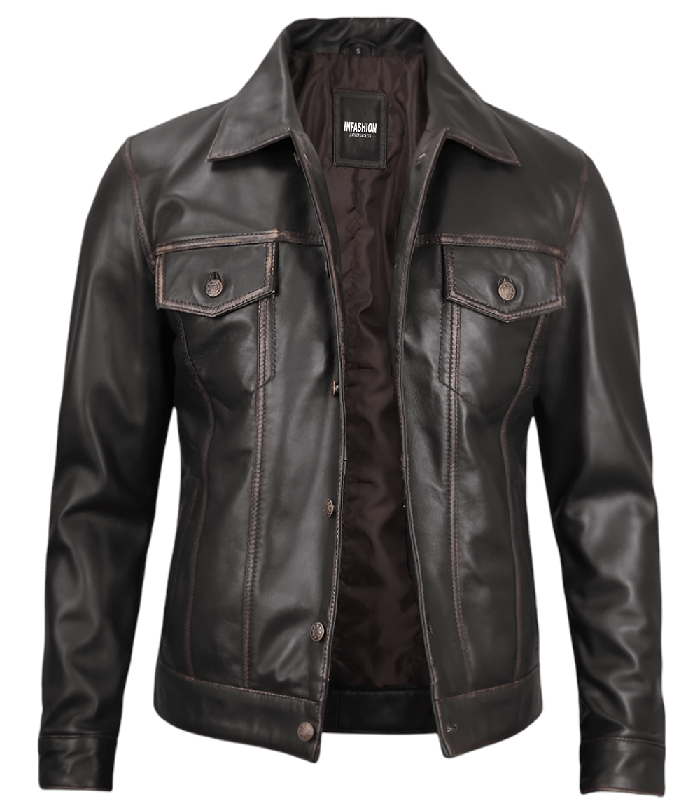 Dark Brown Leather Trucker Jacket Men's