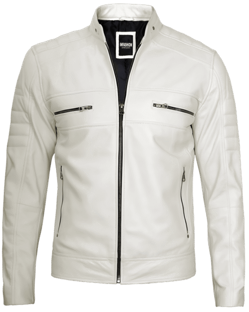 Austin Men Cafe Racer Off White Real Leather Jacket