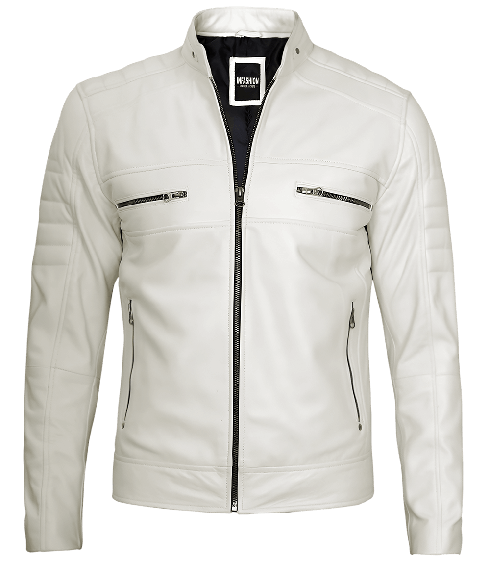Austin Men Cafe Racer Off White Real Leather Jacket