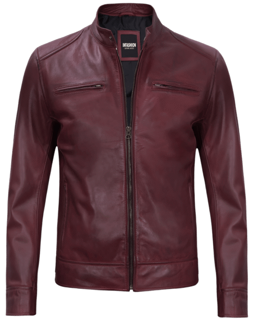 Mens Maroon Leather Cafe Racer Motorcycle Jacket
