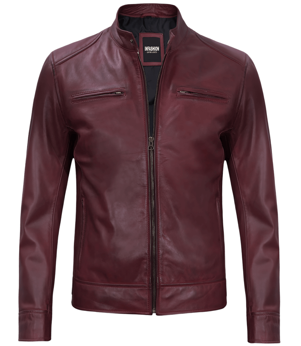 Mens Maroon Leather Cafe Racer Motorcycle Jacket