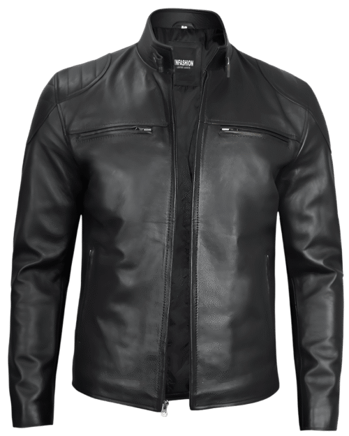 Black Real Leather Cafe Racer Jacket