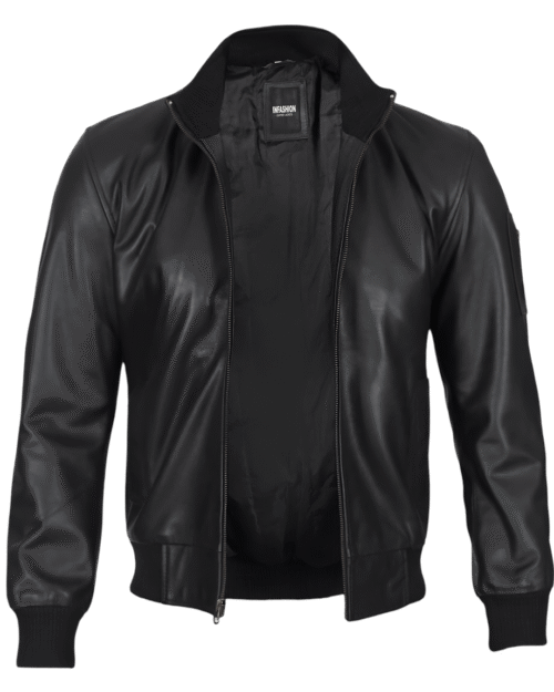 Black Premium Cowhide Leather Bomber Jacket Mens