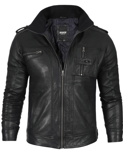 Black Mens Waxed Cafe Racer Leather Jacket