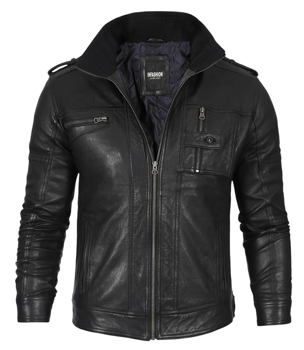 Black Mens Waxed Cafe Racer Leather Jacket