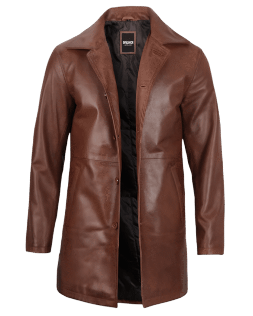 Tan Men's Distressed 34 Length Leather Car Coat