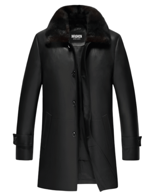 Mens 34 Premium Black Leather Coat With Fur Collar