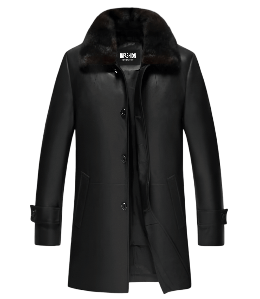 Mens 34 Premium Black Leather Coat With Fur Collar