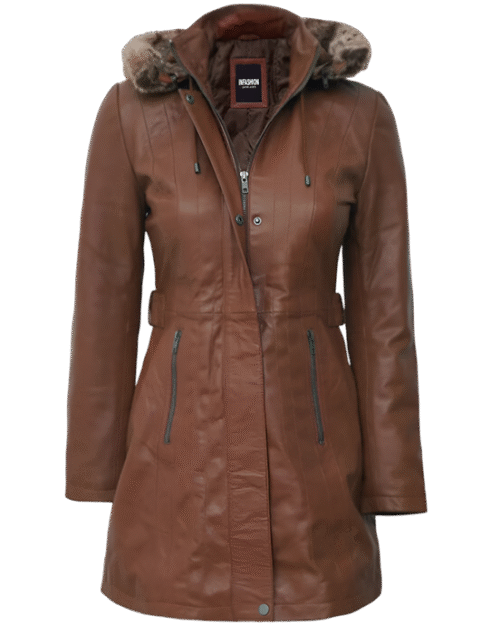 Hooded Brown Leather Long Shearling Coats For Women