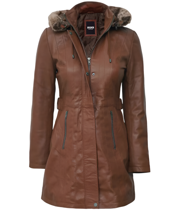 Hooded Brown Leather Long Shearling Coats For Women