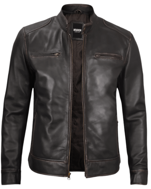 Dodge Men's Rub-Off Dark Brown Cafe Racer Leather Jacket