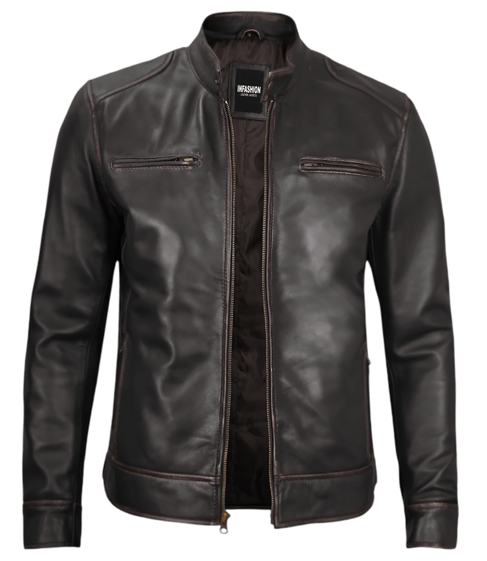 Dodge Men's Rub-Off Dark Brown Cafe Racer Leather Jacket