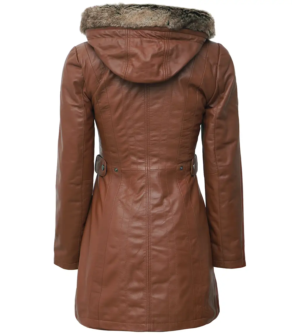 Hooded Brown Leather Long Shearling Coats For Women - Image 2