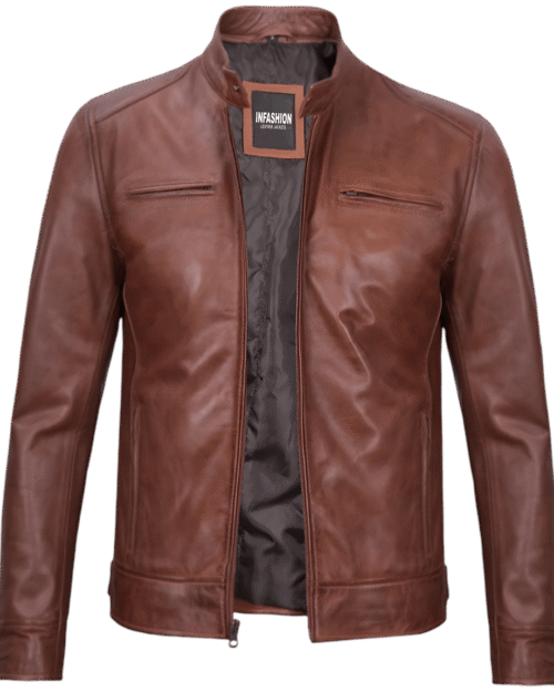 Dodge Mens Cognac Cafe Racer Leather Jacket