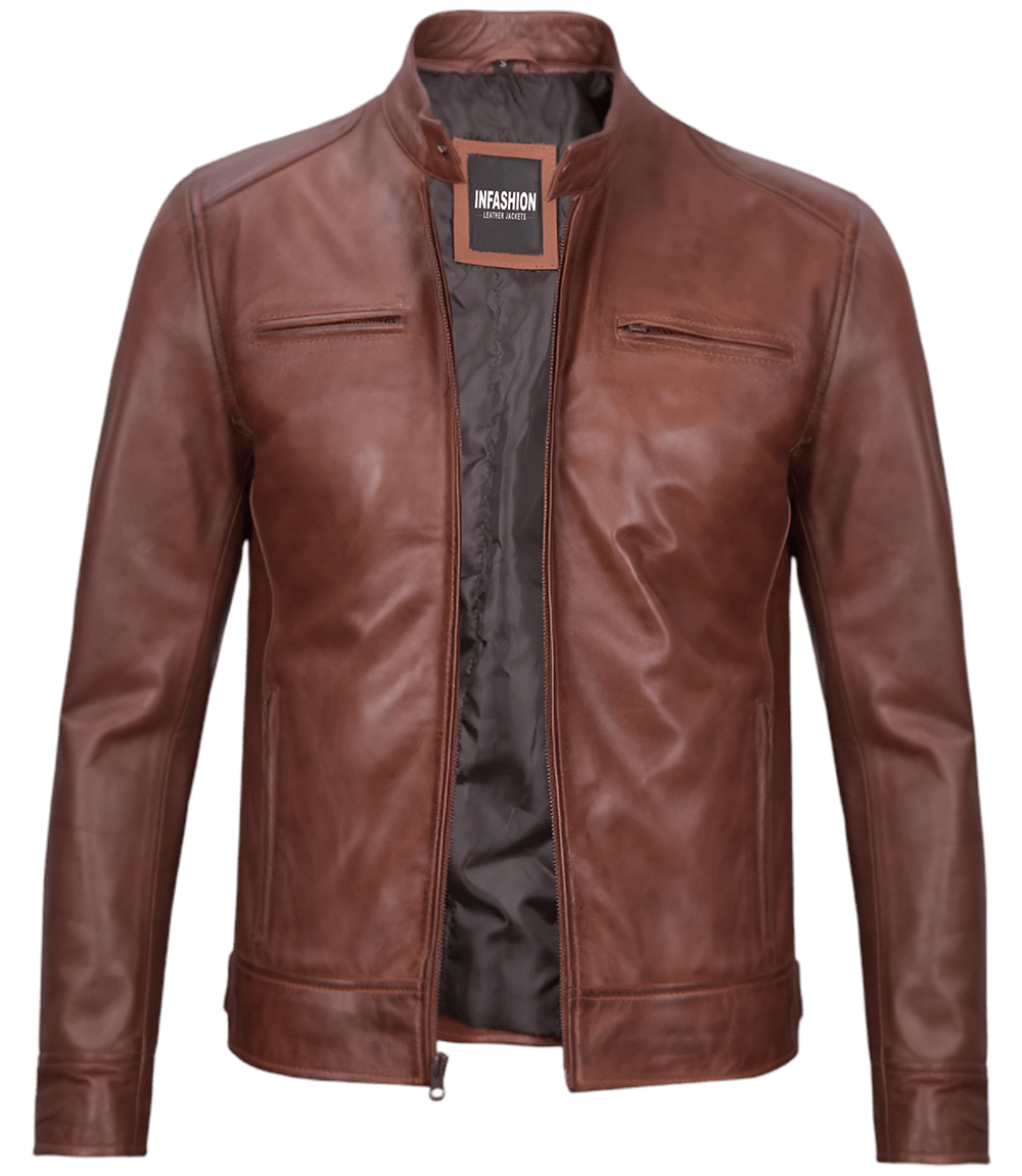 Dodge Men's Cognac Cafe Racer Leather Jacket