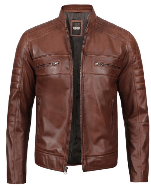 Austin Men Premuim Cafe Racer Cognac Leather Jacket