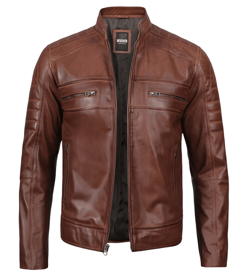 Austin Men Premuim Cafe Racer Cognac Leather Jacket