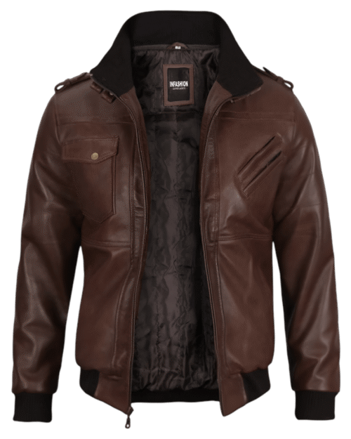 Mens Dark Brown Leather Bomber Jacket With Hood
