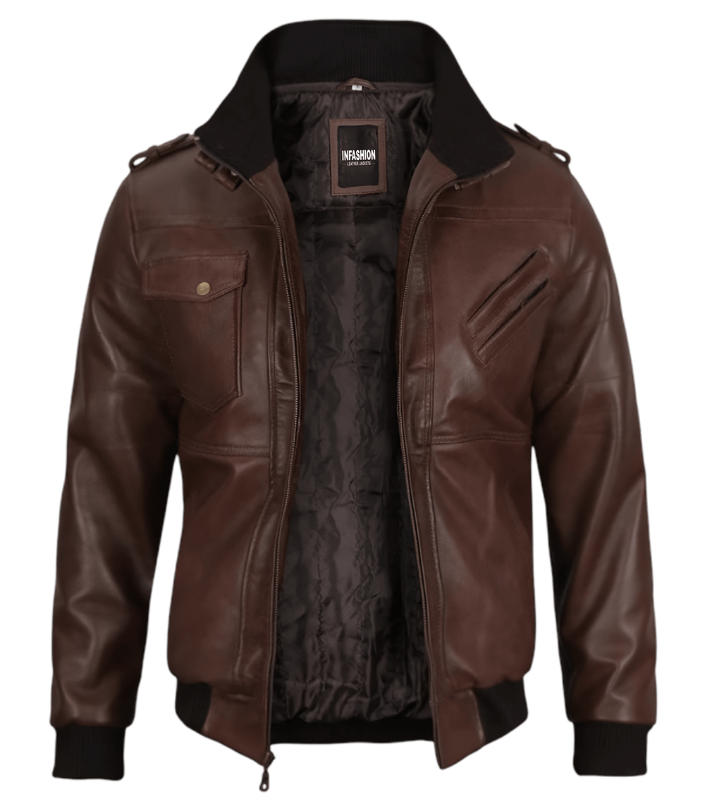 Mens Dark Brown Leather Bomber Jacket With Hood