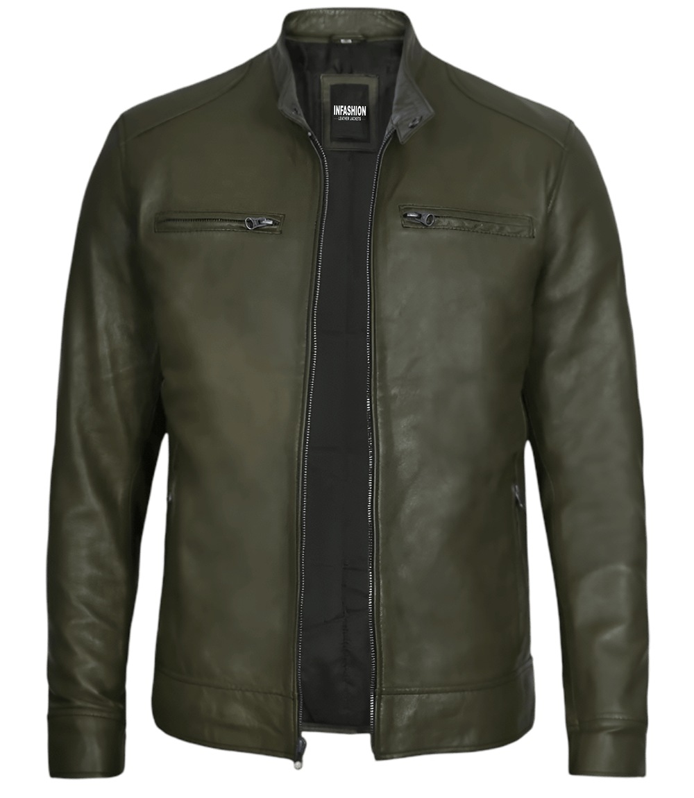 Dodge Men's Green Cafe Racer Leather Jacket