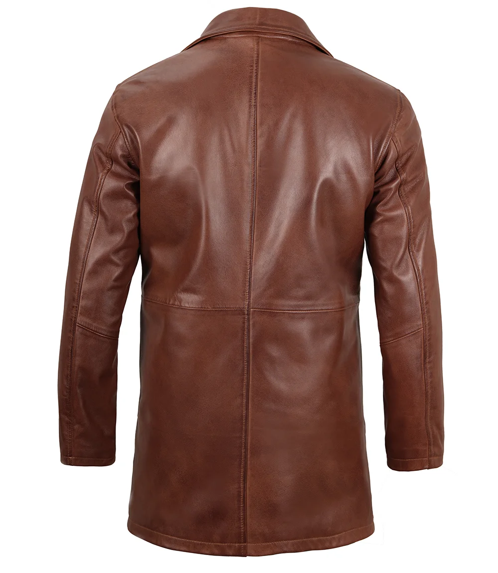 Tan Men's Distressed 34 Length Leather Car Coat - Image 2