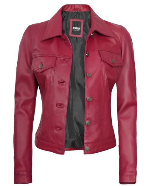 Fernando Womens Pink Leather Trucker Jacket