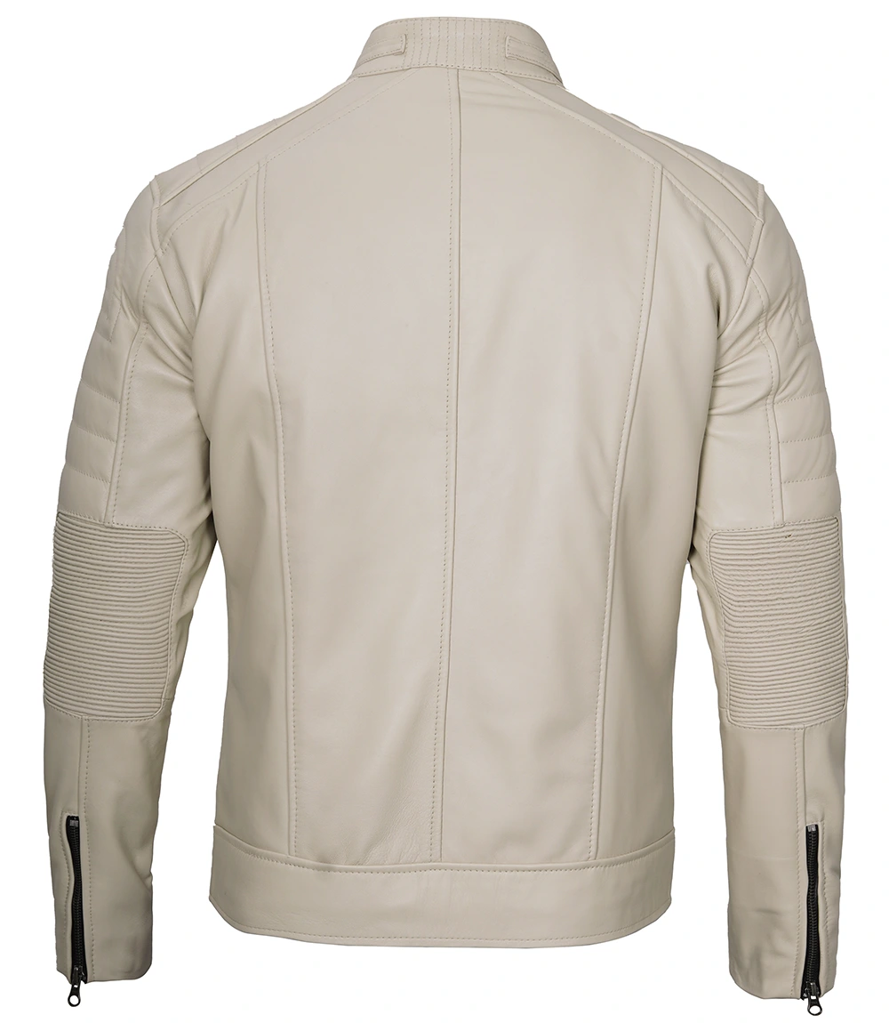 Beige Men Cafe Racer Real Leather Jacket - Image 2
