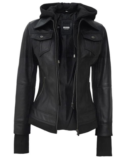 Betty Womens Petite Black Leather Jacket With Removable Hood