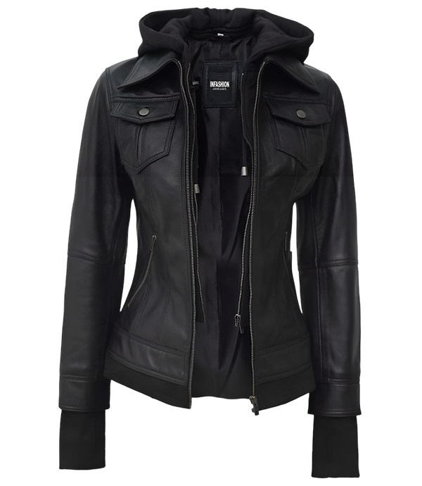 Betty Womens Petite Black Leather Jacket With Removable Hood