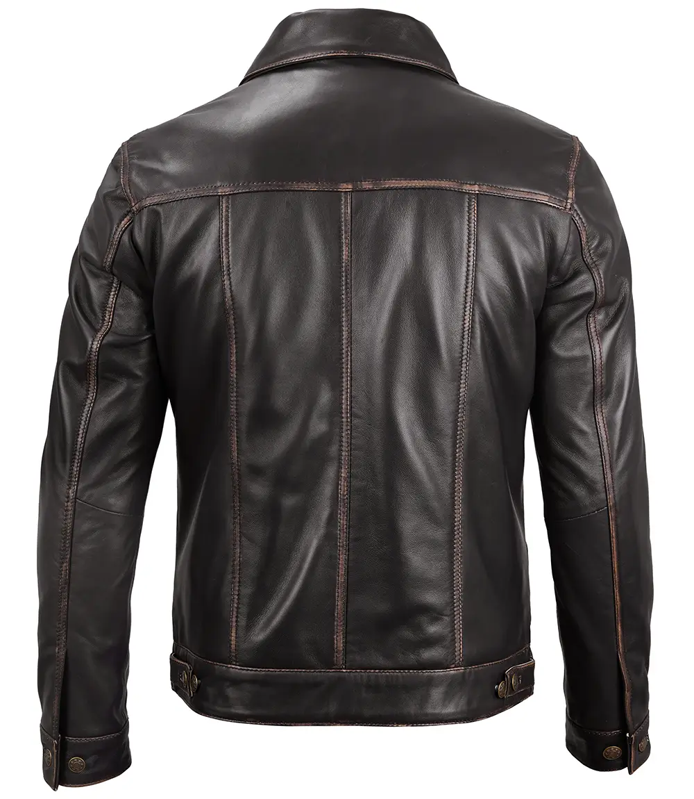 Dark Brown Leather Trucker Jacket Men's - Image 2