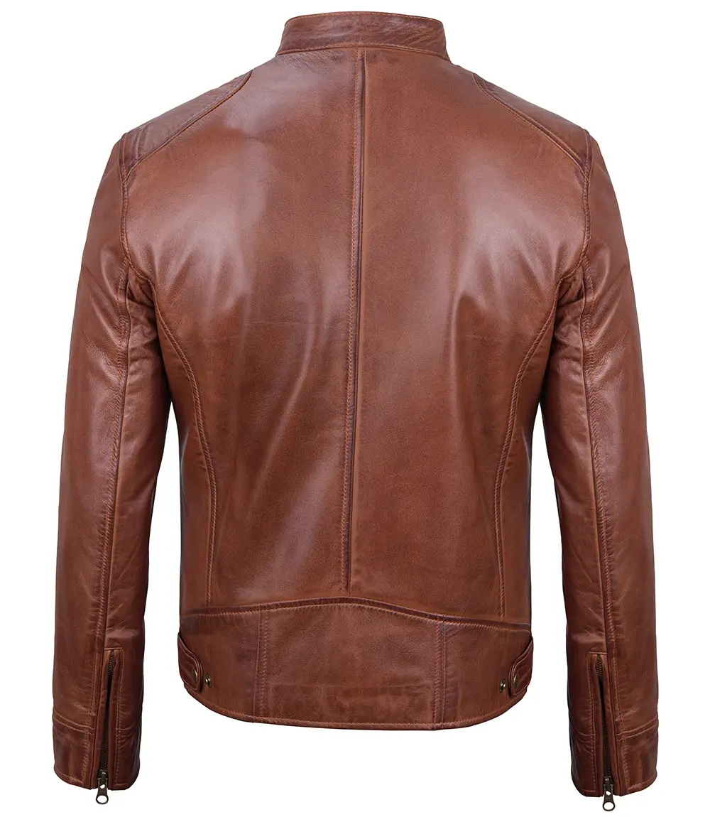 Dodge Men's Cognac Cafe Racer Leather Jacket - Image 2