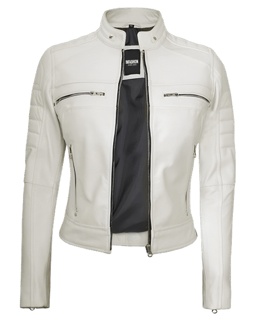 Austin Women's Off White Cafe Racer Biker Real Leather Jacket