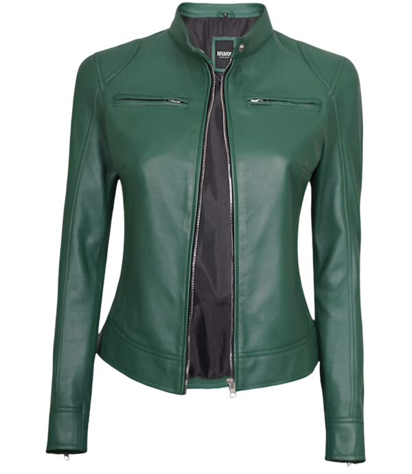 Dodge Green Motorcycle Cafe Racer Leather Jacket Women's