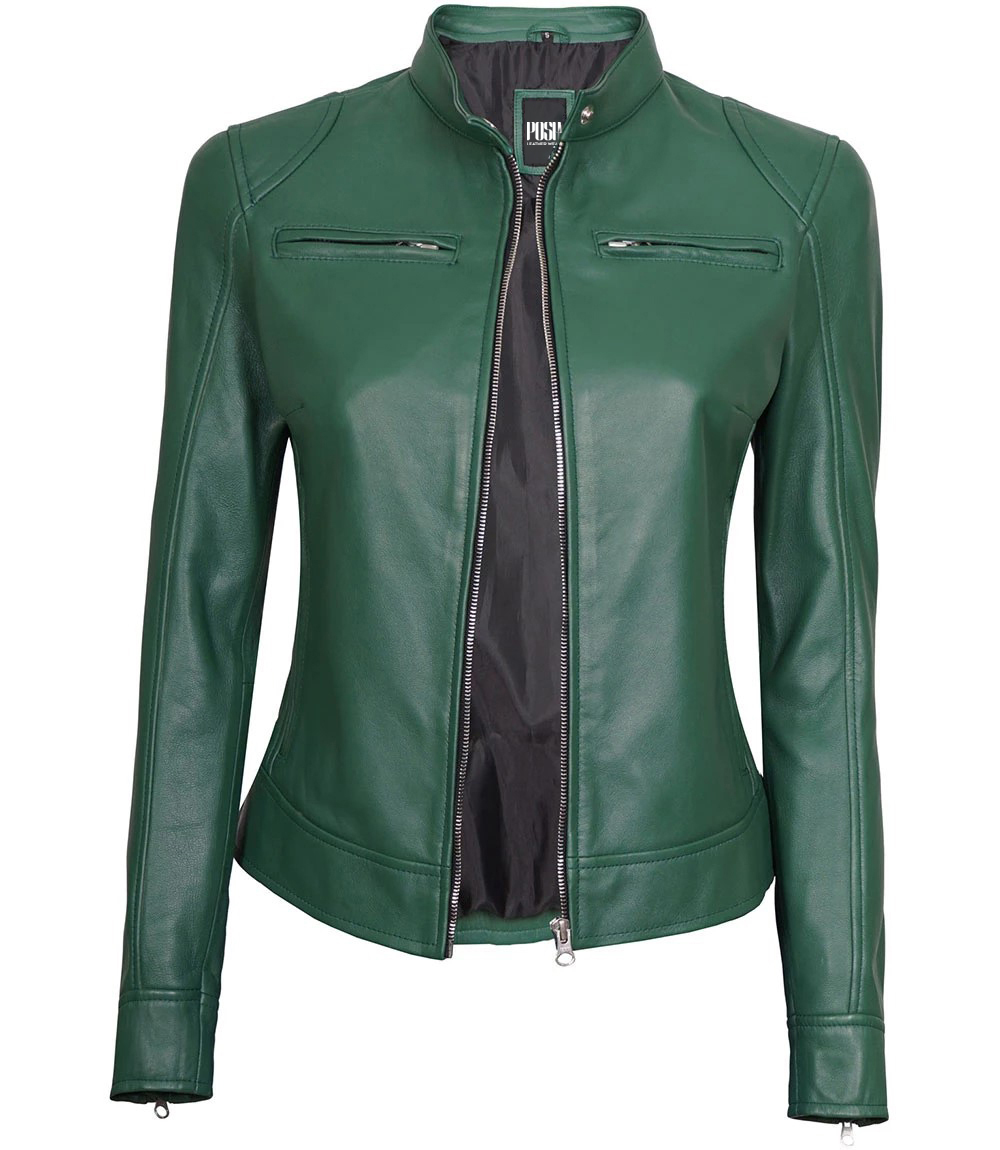 Dodge Green Motorcycle Cafe Racer Leather Jacket Women's - Image 2