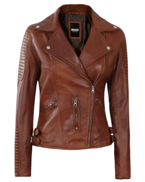 Bari Womens Cognac Brown Asymmetrical Leather Moto Jacket