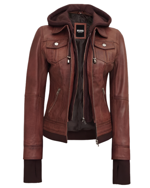 Dark Brown Womens Bomber Leather Jacket With Removable Hood