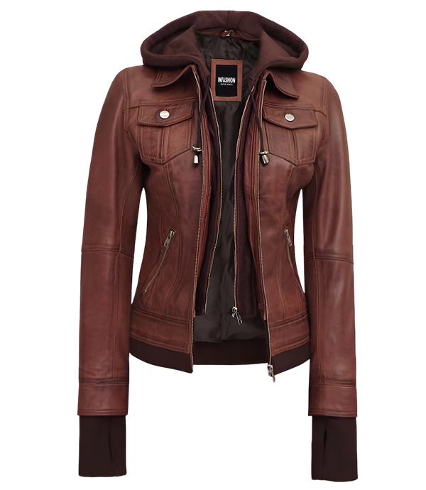 Dark Brown Womens Bomber Leather Jacket With Removable Hood