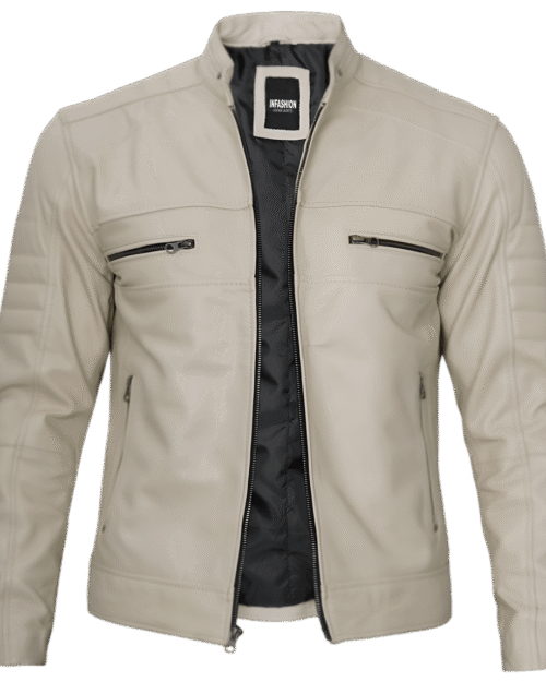 Beige Men Cafe Racer Real Leather Jacket