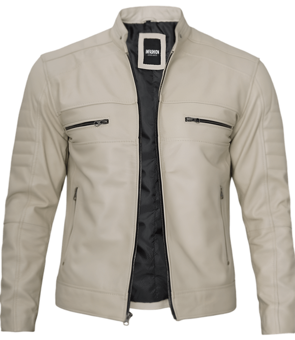 Beige Men Cafe Racer Real Leather Jacket