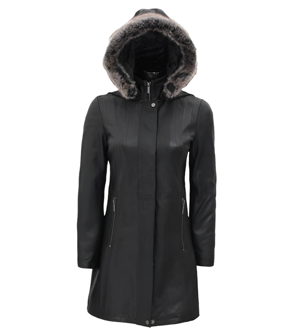 Black Leather Hooded Shearling Coat For Women